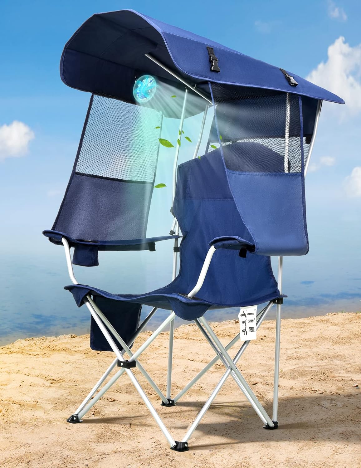 Chaise de plage avec parasol et ventilateur